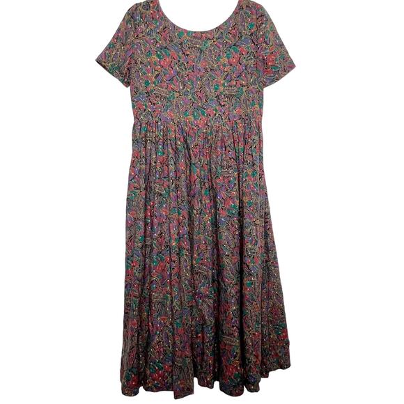 VINTAGE Knee Length Cottage Peasant Style A-Line Dress Floral Black Multi Sz S/M - Picture 1 of 5